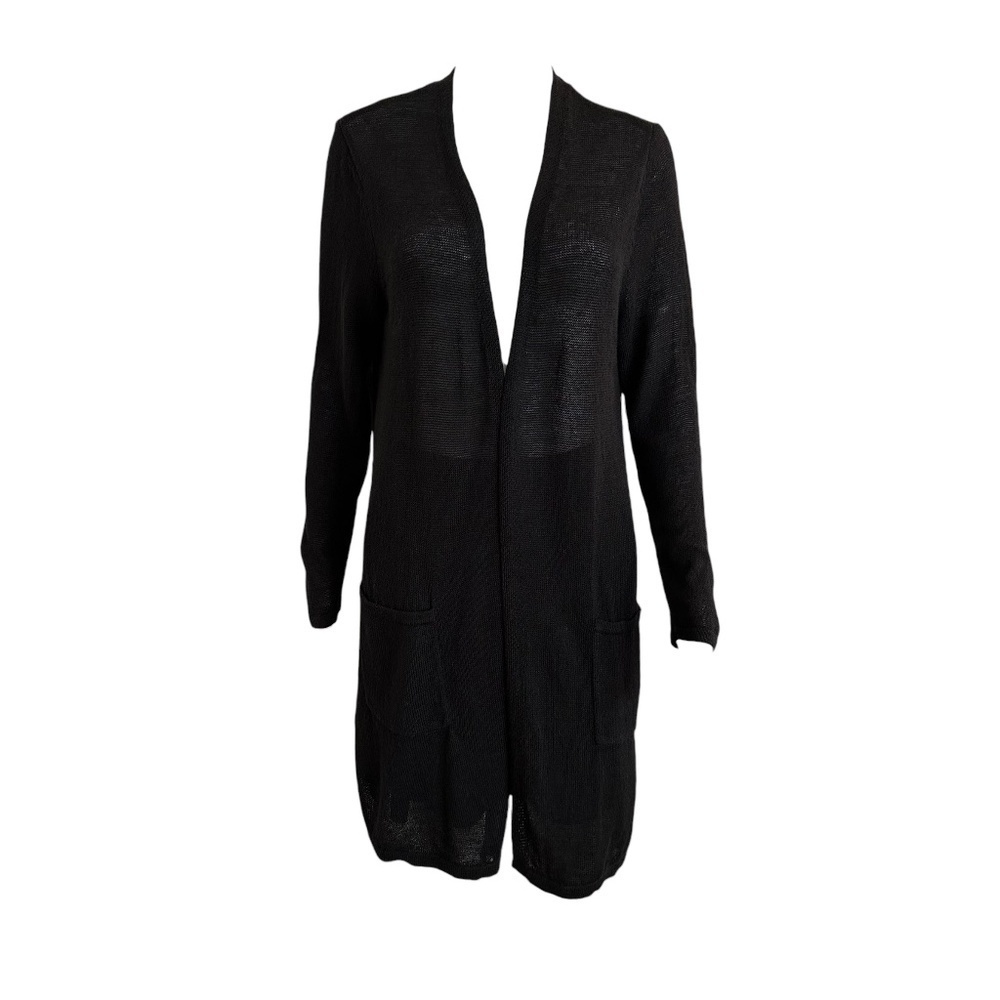 J Jill Black Long Length Cardigan Sweater Womens M Linen Blend Slits Minimalist